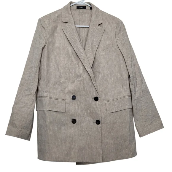 THEORY Piazza Tan Linen Blend Double Breasted Blazer Size 8 Summer Blazer - Picture 1 of 16